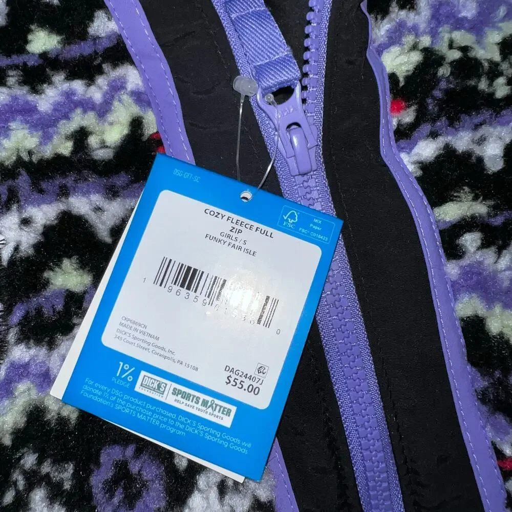 DSG Girls purple fair isle Cozy Fleece Full Zip Sherpa Jacket NWT Size small 8-9
